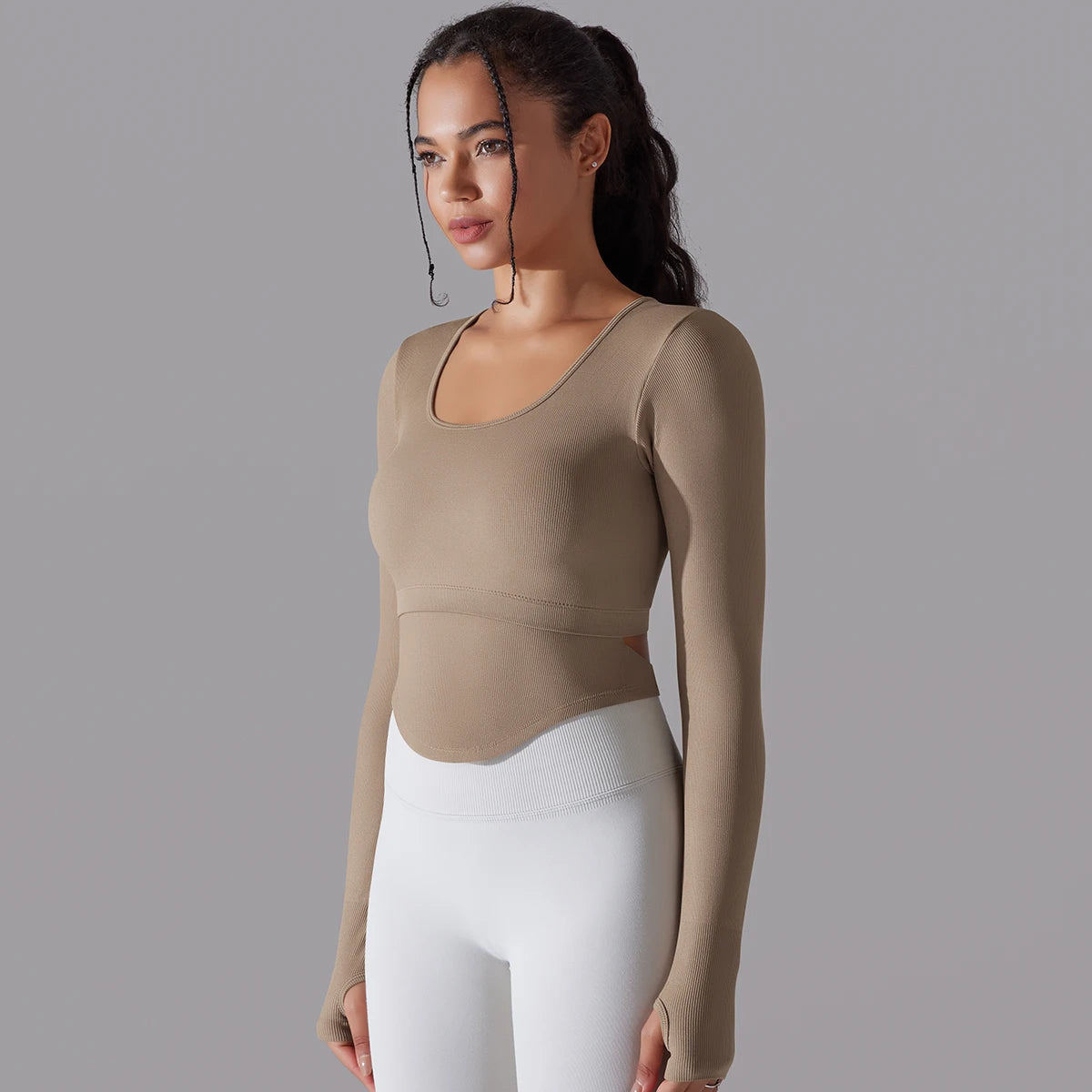 Seamless Ribbed Yoga Crop Top with Long Sleeves